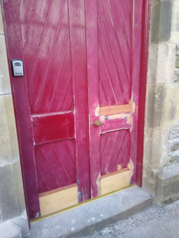 Porter’s Room external doors refurbished and primed ready for undercoat  